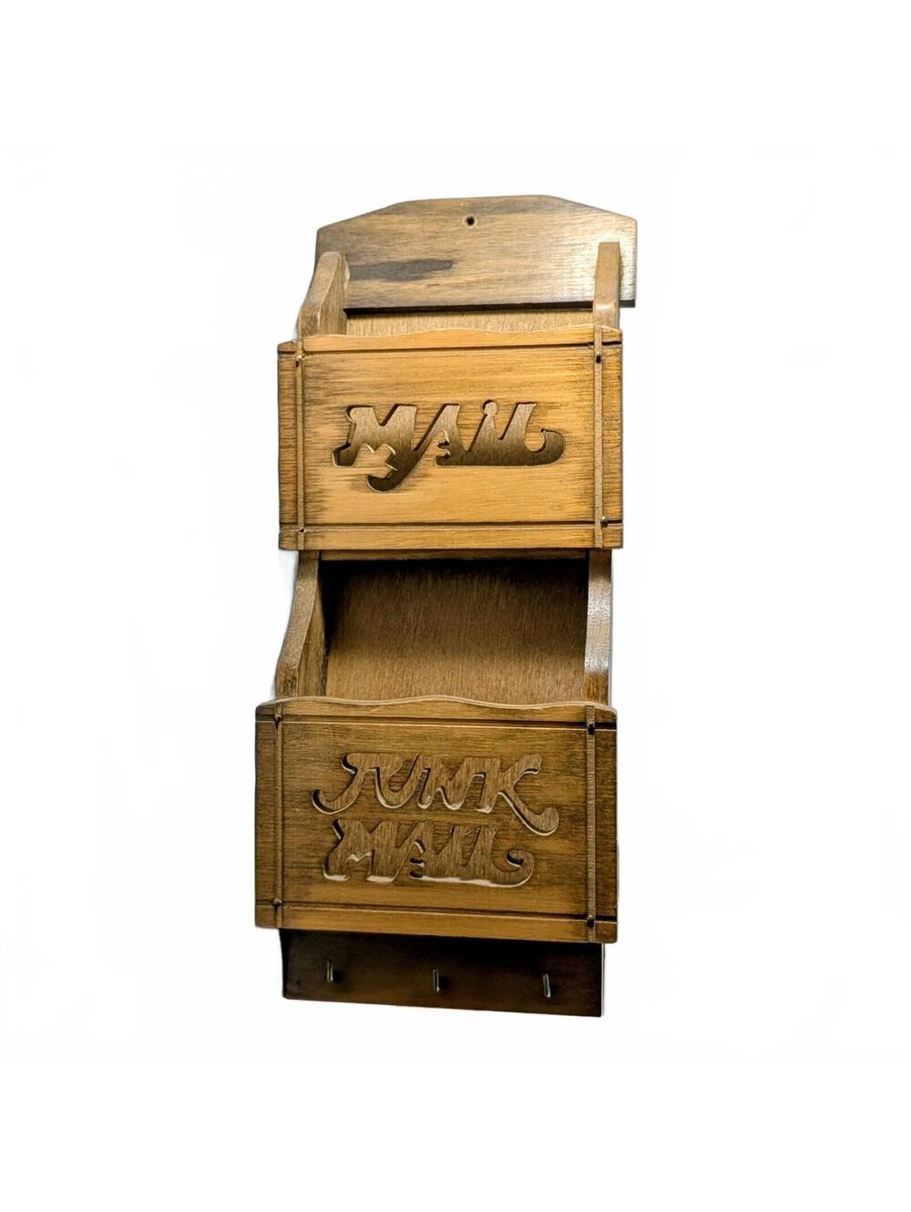 Vtg Retro 2-Tier Wood Mail Holder & Key Hooks